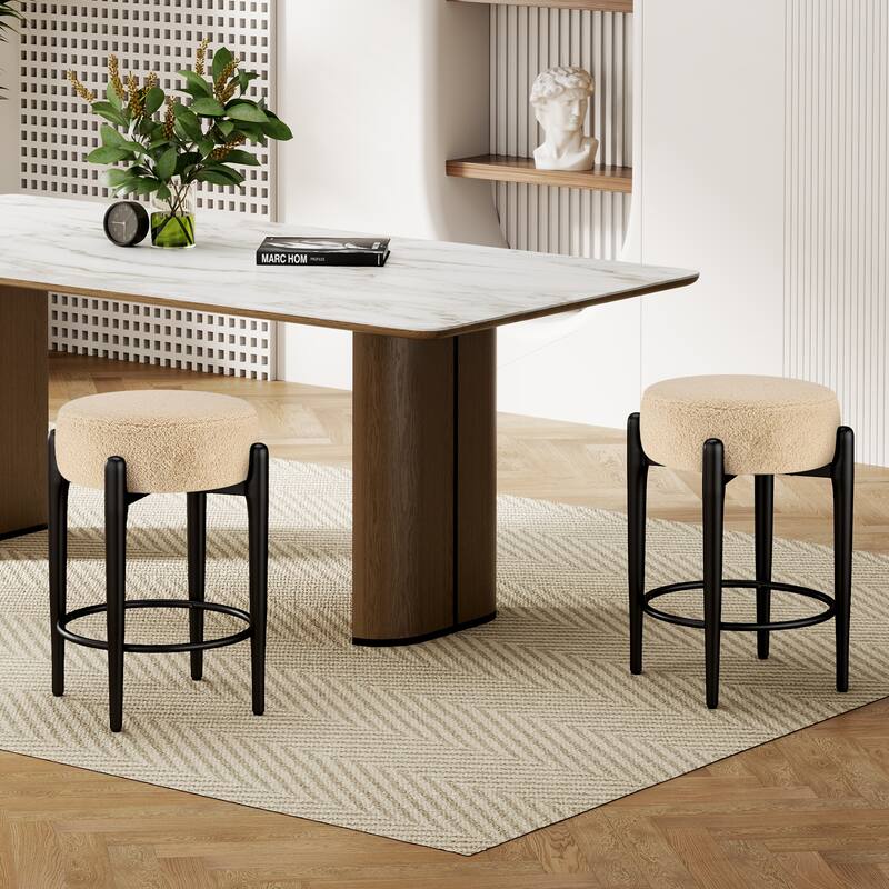 Mid-Century Modern Chair Set of 2 - 23.6" Backless Kitchen Stools with Boucle Upholstery & Sturdy Metal Base