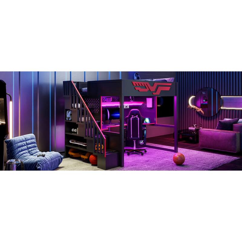 Roomfitters Full Size Gaming Loft Bed with Integrated Desk and Storage Stairs, Heavy Duty Metal Frame, Red and Black