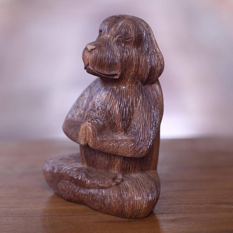 Novica Handmade Meditating Long-Haired Puppy Wood Sculpture