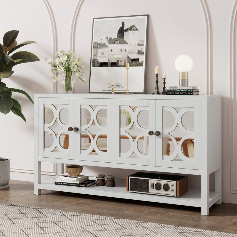 Retro Console Table with Mirrored Doors(Antique White)