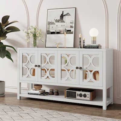 Retro Console Table with Mirrored Doors(Antique White)