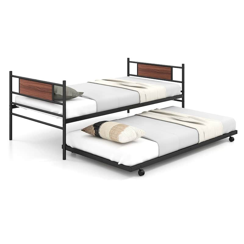 Costway Twin Size Metal Daybed with Trundle Mattress Foundation - Black + Brown - See Details