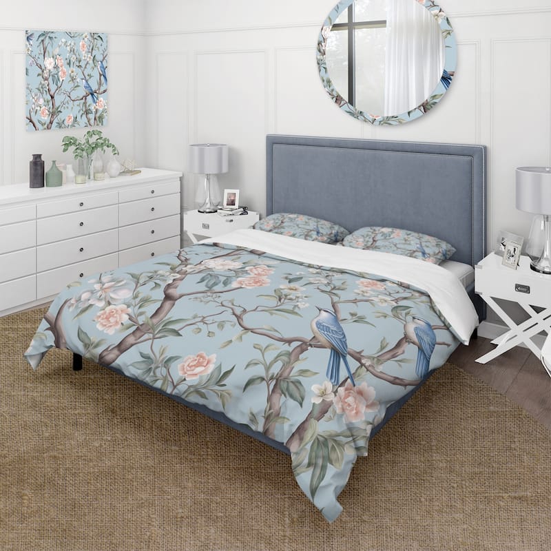 Designart "Chinoiserie With Birds and Peonies XI" Grey Traditional - Bedding Set With Shams