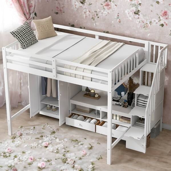 slide 2 of 14, Full Size Loft Bed with Wardrobe,Storage Table and Staircase,Kids Bed Design White
