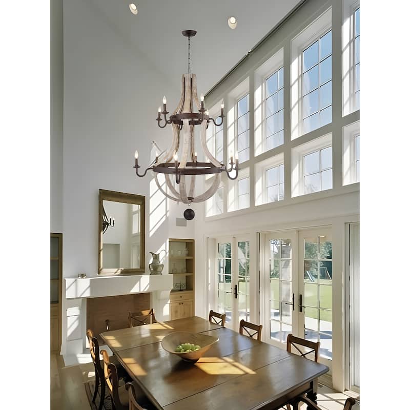 12 Light French Country Style Two Tier Wine Barrel Chandelier - Light Brown