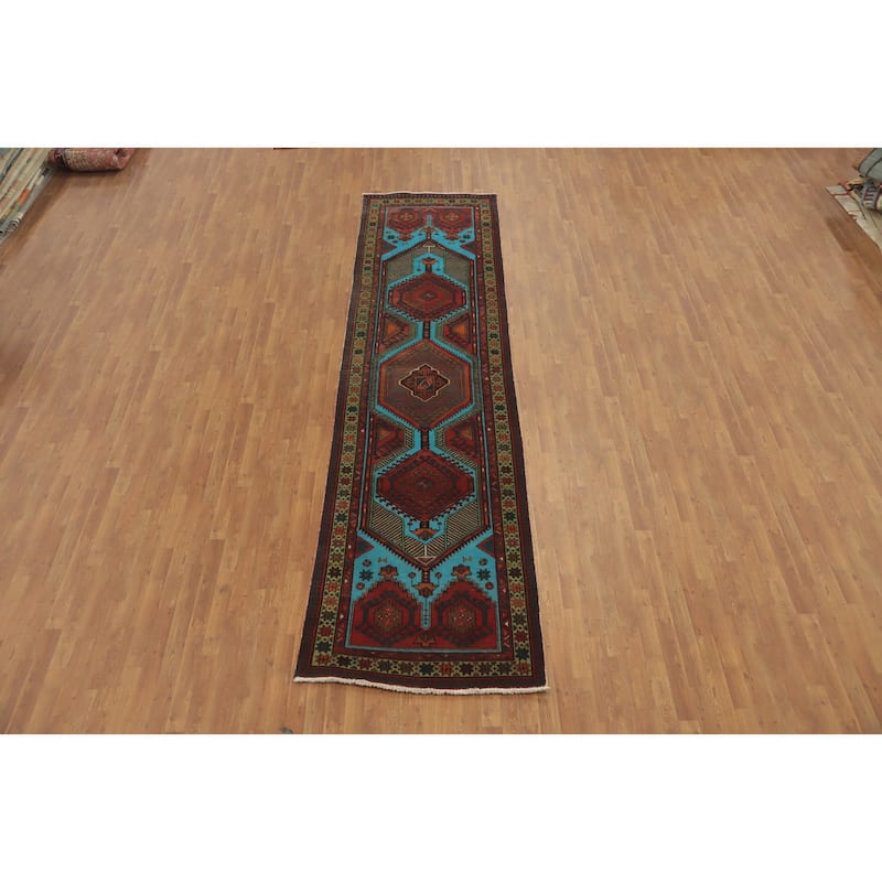 Hand Knotted Oriental 100% Wool Carpet Traditional Tribal Navy Blue & Blues Ardebil Runner Rug - 13' 11'' X 3' 6''