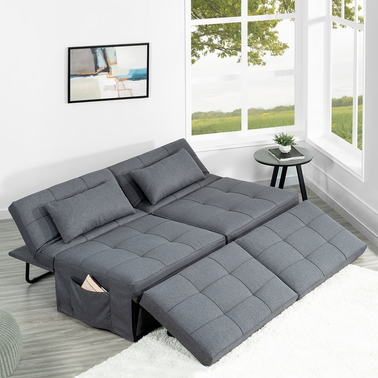 Sleeper Chair Bed, 4 In 1 Multi-Function Convertible Ottoman Bed, Breathable Linen Bed Chair, Convertible Sofa Bed - Gray,Set of 2