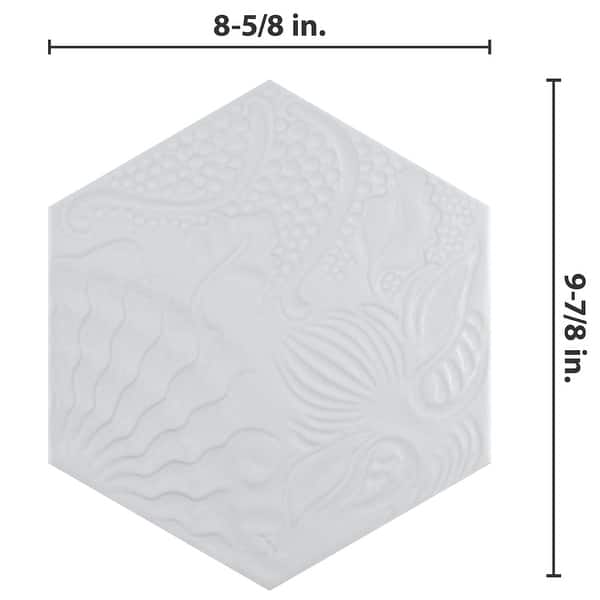 dimension image slide 1 of 2, Merola Tile Gaudi Lux Hex White 8-1/2" x 9-3/4" Porcelain Floor and Wall Tile