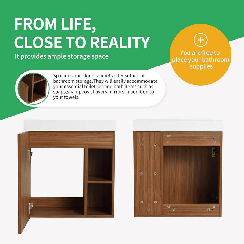 BNK 20"/24"/30" Single Sink Bathroom Vanity with Soft Close Door or Right Side Shelves, Modern Floating Vanity