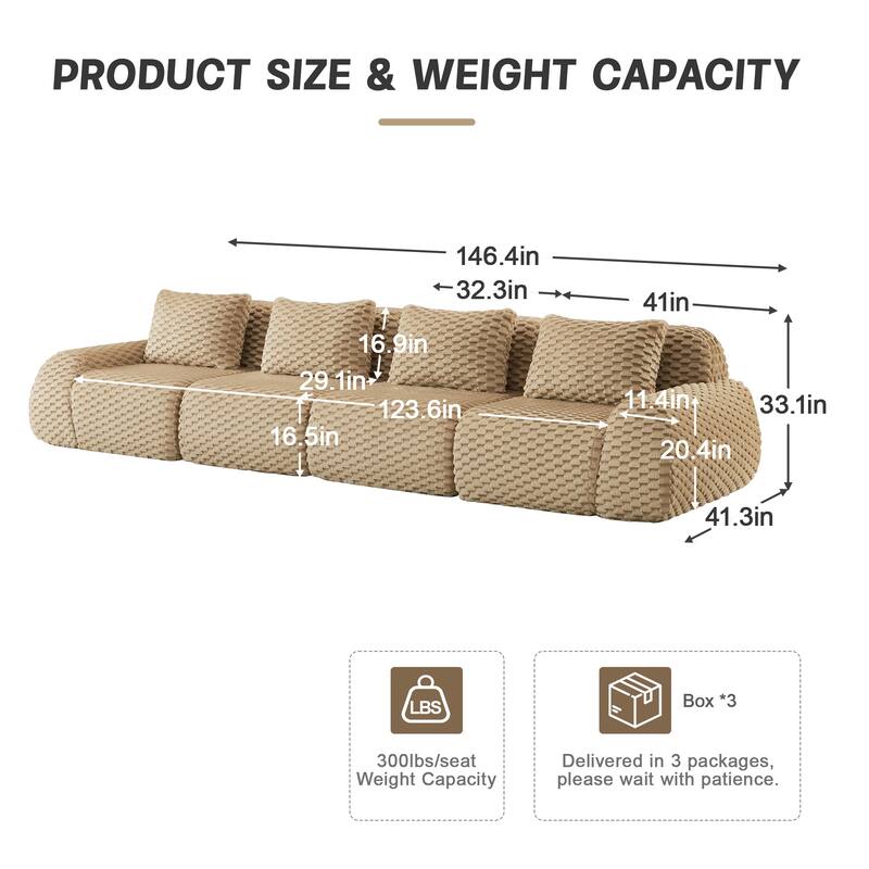 146" Modern Modular Sectional Sofa for Living Room,Flannelette Fabric,Oversized 4-Seater Couch,boneless sofa,Deep Seat