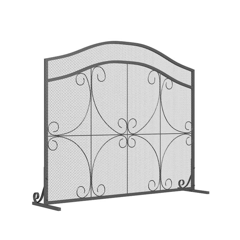 Vintage Wrought Iron Fireplace Screen with Arched Top, Decorative Scroll Design, Sturdy Mesh Spark Guard for Home Hearth