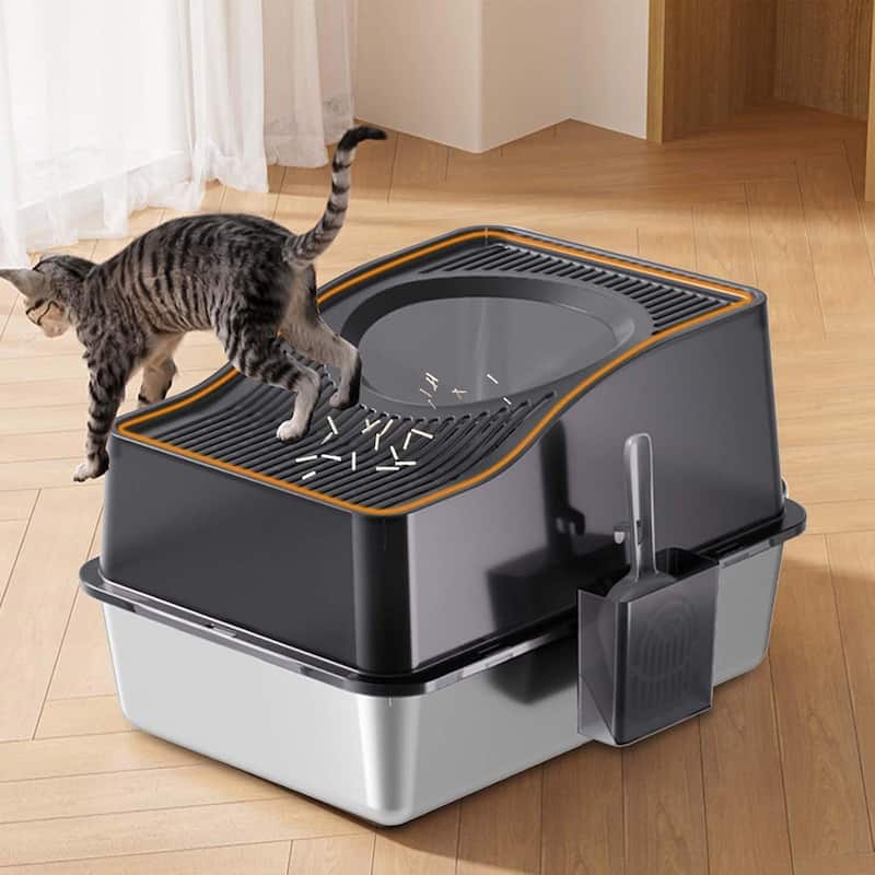 Stainless Steel High Sided Cat Litter Box, Enclosed Removable Covered