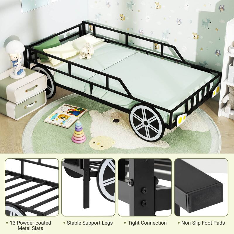 Costway Twin Car-Shaped Metal Bed Frame with Wheels Decorations Safety