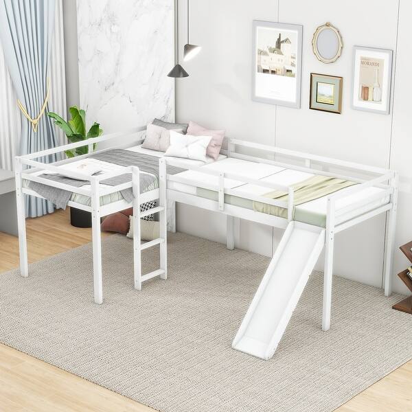 slide 2 of 14, L-Shaped Wooden Twin Loft Bed with Ladder&Slide&Under Bed Storage, White White
