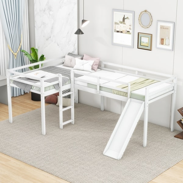 slide 2 of 13, White L-Shaped Twin Loft Bed with Ladder, Slide, and Under-Bed Space, Solid Wood and MDF Construction