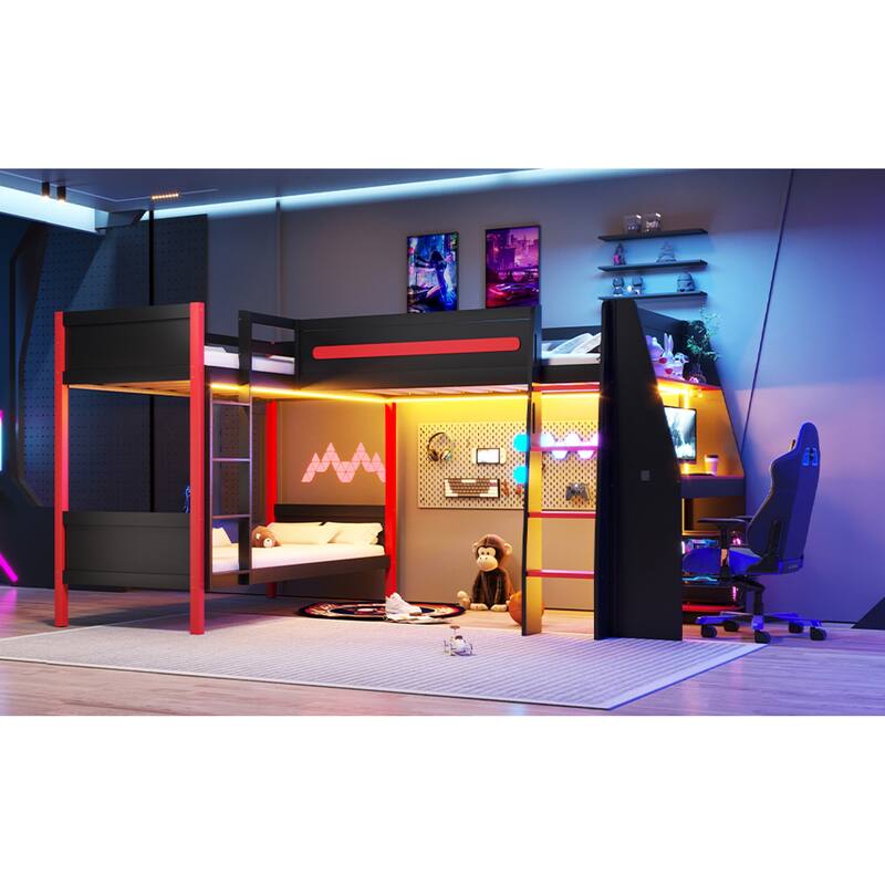 Roomfitters L-Shaped Twin Bunk & Loft Bed with Built-In Gaming Desk, LED Lights, Black and Red