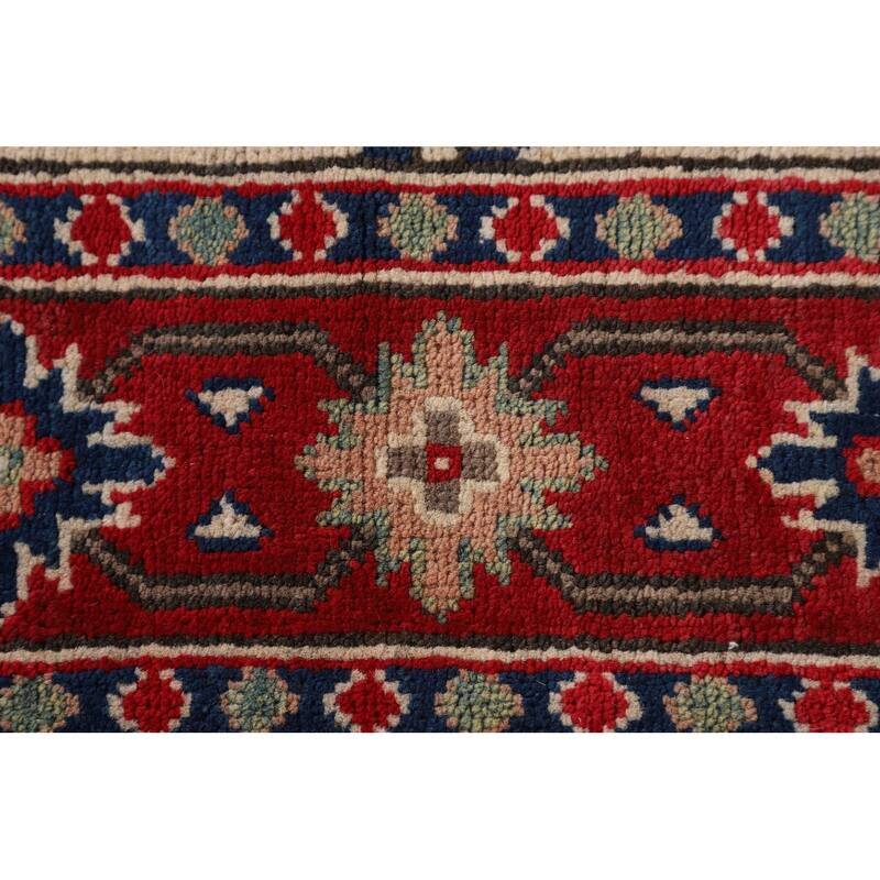 Ivory Geometric Kazak Oriental Accent Rug Hand-Knotted Wool Carpet - 3'7"x 5'0"