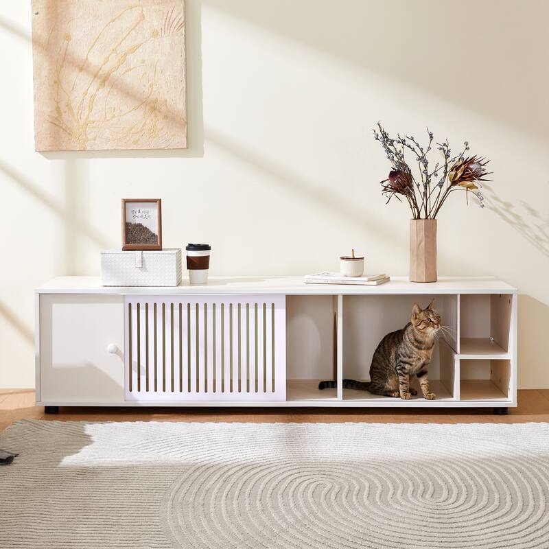 Wood Media Console with Removable Sliding Door, TV Stand with Slatted Doors, Cat-Friendly Compartments