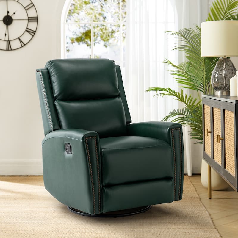 Fiacro 30.31"Wide Mid-Century Modern Genuine Leather Wingback Swivel Rocker Recliner with Nailhead Trims