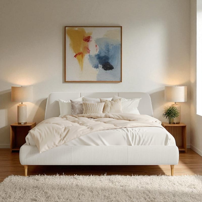 Queen/King Size Upholstered Platform Bed Frame with Linen Blend Fabric, Solid Wood Legs, No Box Spring Required - White - King