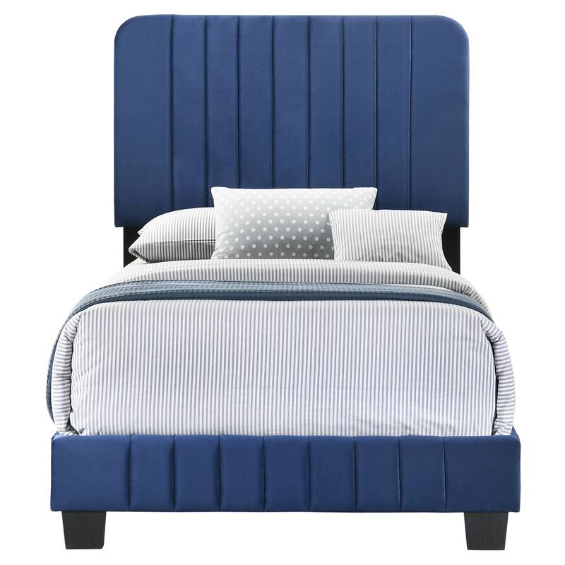 Modern Navy Blue Twin Bed with Velvet Upholstery and Sturdy Wooden Legs
