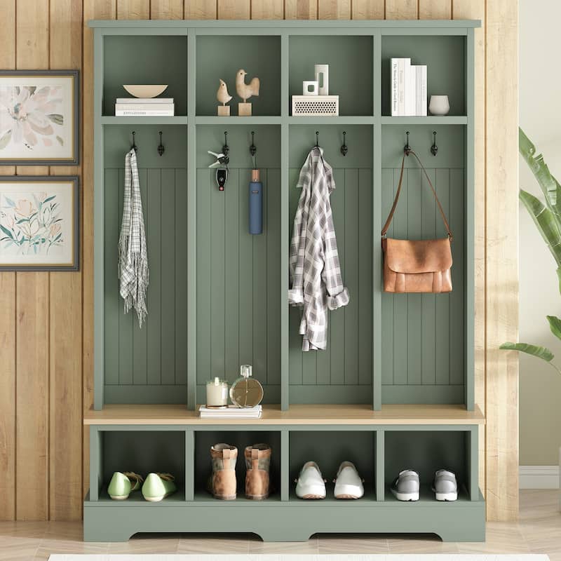 Farmhouse Hall Tree with 8 Hooks 8 Compartments Wooden Bench for Entryway