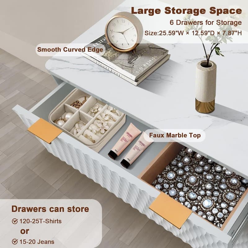 Bedroom Chest of Dresser Wood, 54" Drip Pattern Six-Drawer Chest with Faux Marble Top, Wide Wood Farmhouse Dresser