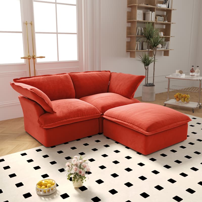 Velvet Sectional Sofa, Comfy Down Feather Deep Seat Modular Lounge Couch With Storage Ottoman - Red