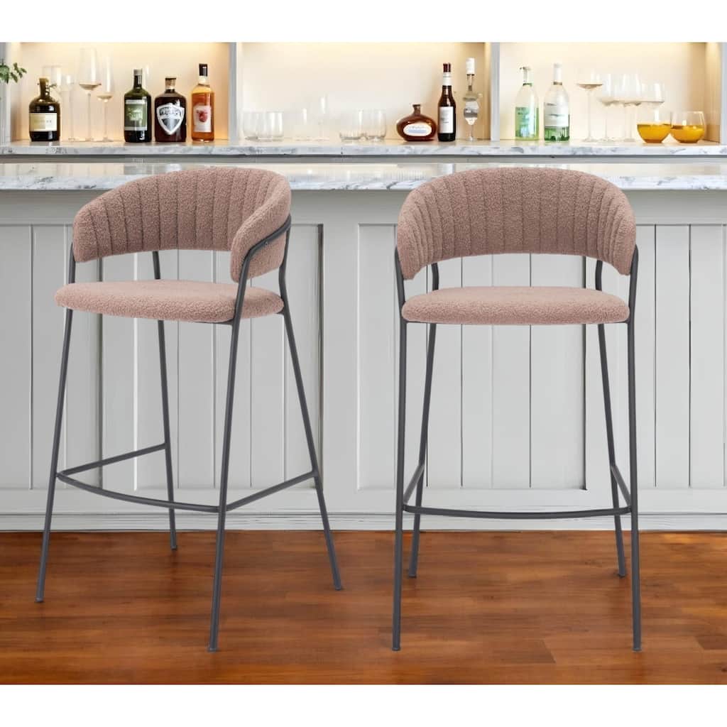 Set of Two 30" Brown and Black Shearling and Steel Low Back Bar Height Bar Chairs