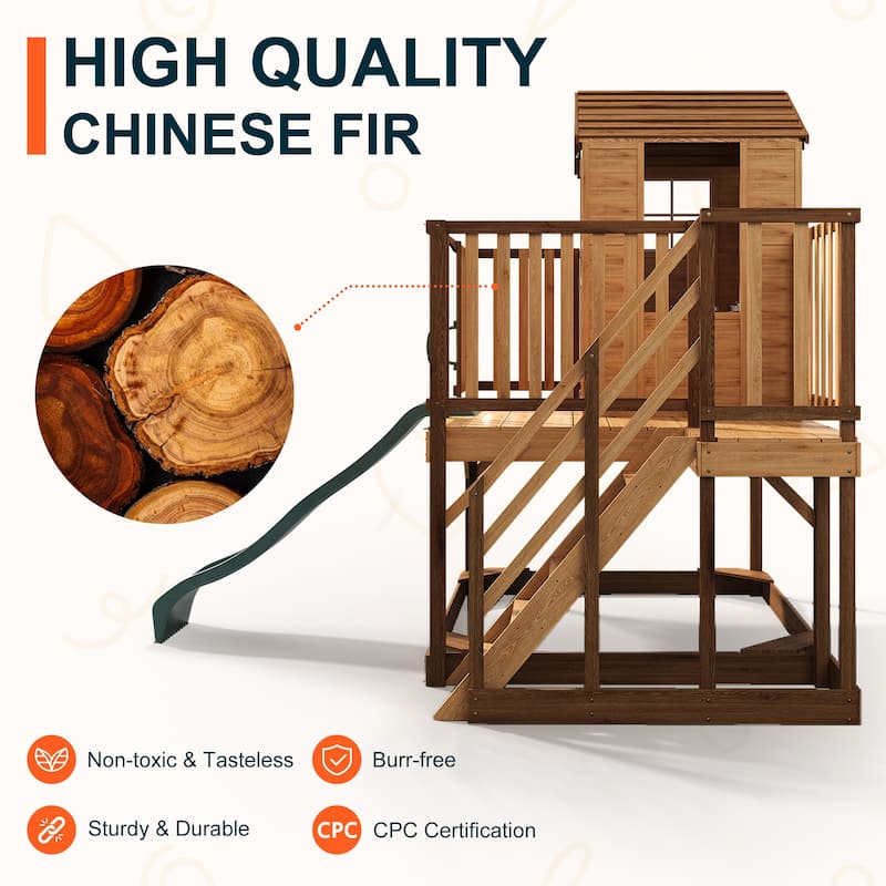 9-in-1 Wooden Playhouse with Slide & Sandbox