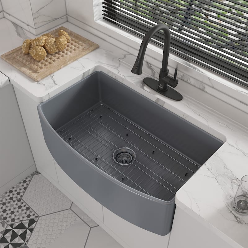 All-in-One Curved Design Single Bowl Farmhouse/Apron-Front Fireclay Kitchen Sink with Pull Down Kitchen Faucet and Accessories - Matte Gray Sink + Pull Down Kitchen Faucet