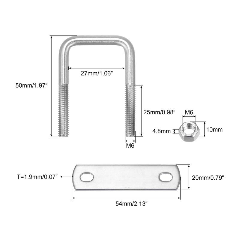 Square U-Bolts, 304 Stainless Steel U Clamp Bolt with Nuts and Plates, for Boat Trailer - M6x27x50mm