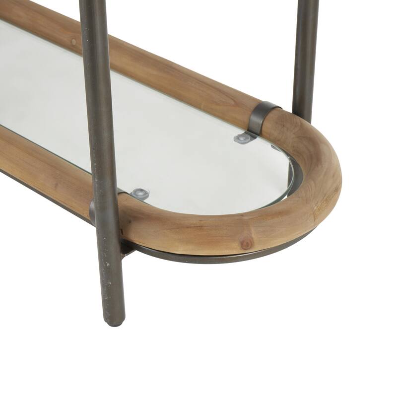 Metal Oval 1 Shelf Console Table with Brown Wooden Framed Glass Tabletop - Brass - Roche River Decor