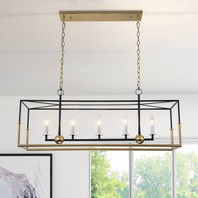 Geometric 5-Light Modern Black and Brass Rectangular Pendant Light for Dining Room