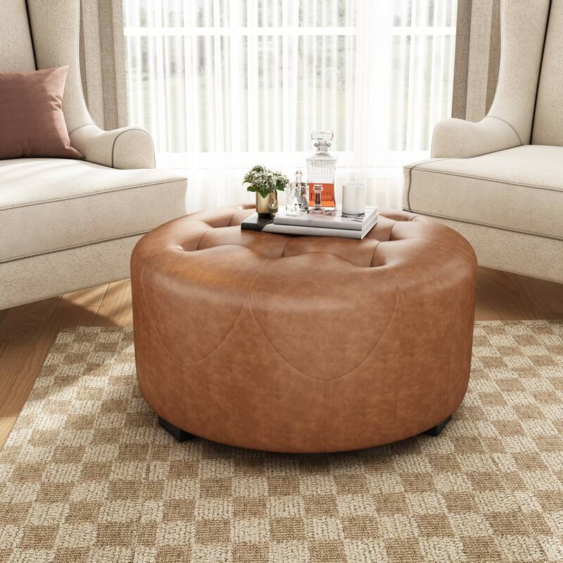 Roomfitters Round Upholstered Ottoman with Button Tufted Design, Small Coffee Table or Footrest - Brown,Orange