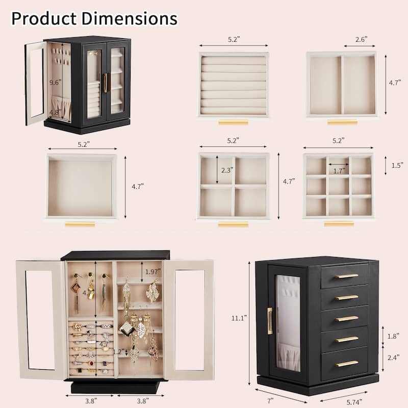 360° Rotating Jewelry Box with 5 Drawers - Black Cabinet & Pink Velvet Interior - Multi