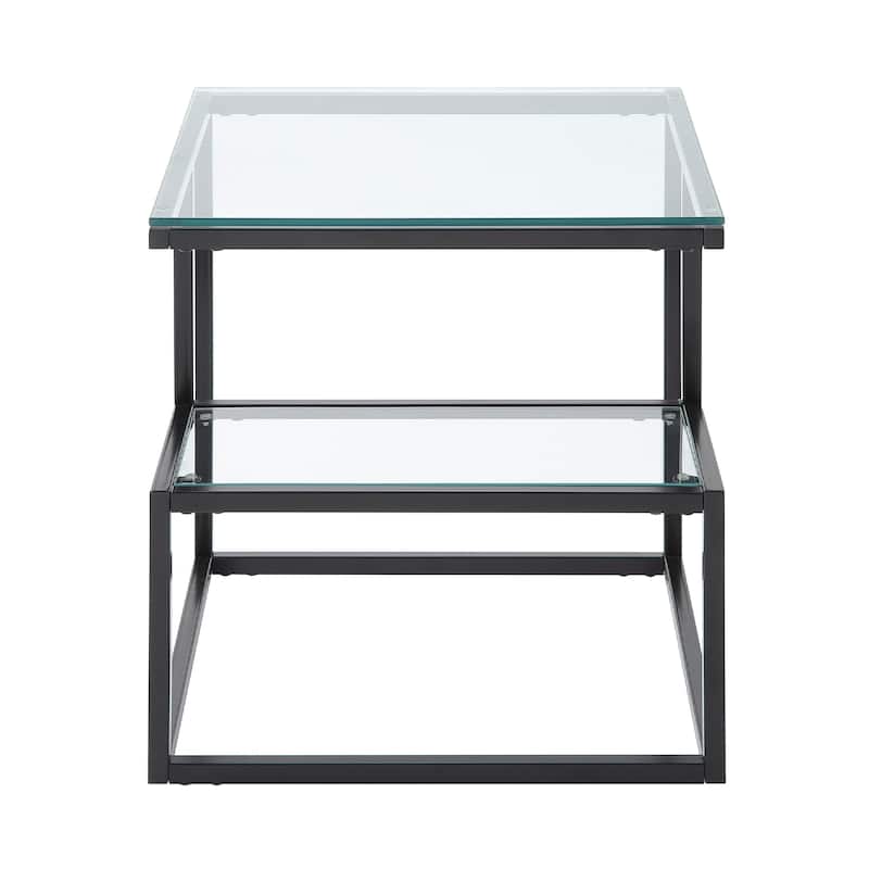 Elena End Table with 2-Tier Design, Glass Top and Shelf, Black Metal