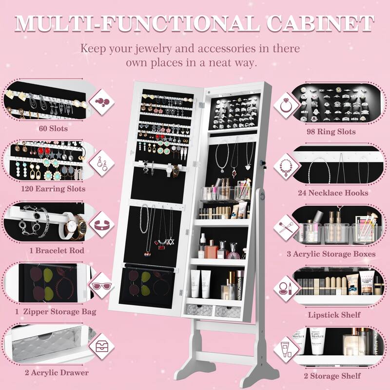 Furniwell Jewelry Mirrored Cabinet Mirror w/Built-in Lights Armoire Organizer Storage Box
