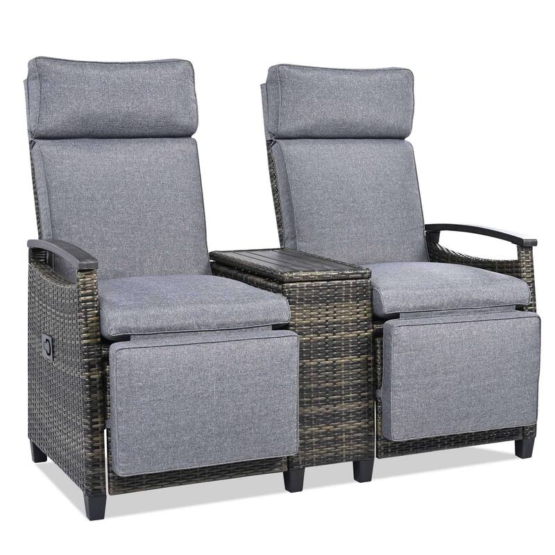 Wicker Patio Recliner Chair Set with Cushions and Storage Table