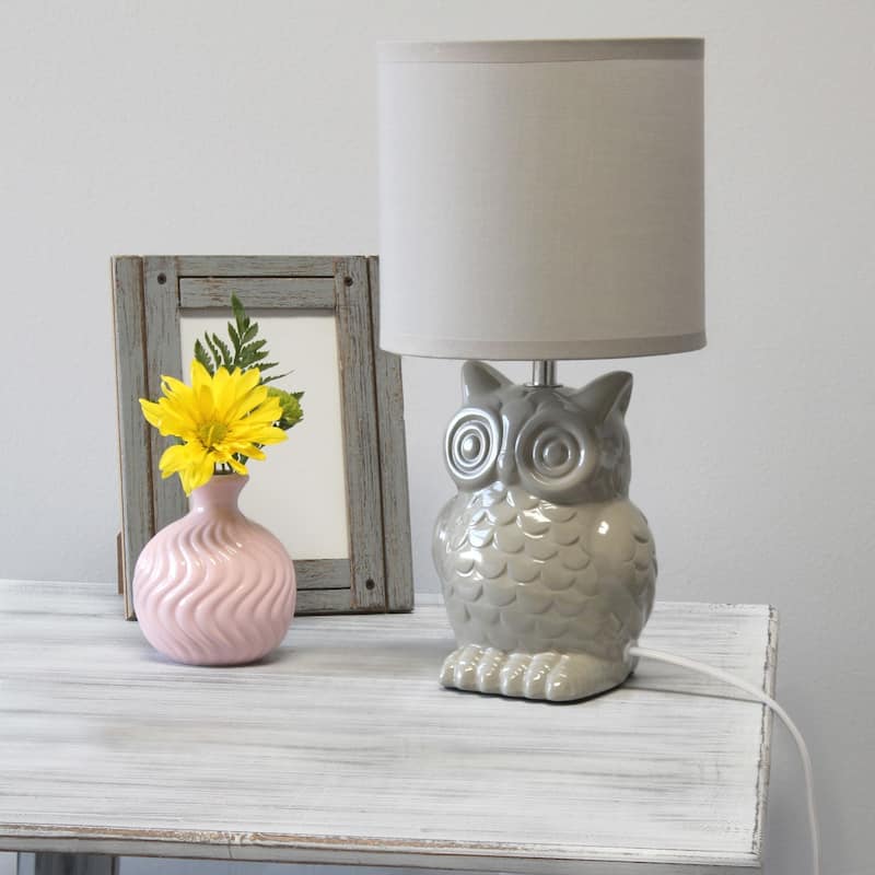 Tall Ceramic Owl Bedside Table Desk Lamp with Drum Shade - 12.75" - Gray