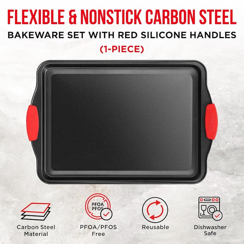 Nonstick Cookie Sheet Pan Carbon Steel with Red Silicone Handles - 1 Medium Piece