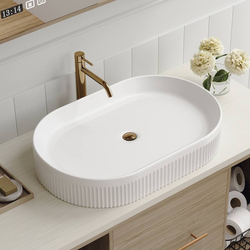 GDFStudio - Contemporary 22.8" Oval Ceramic Vessel Bathroom Sink with Vertical Fluted Design
