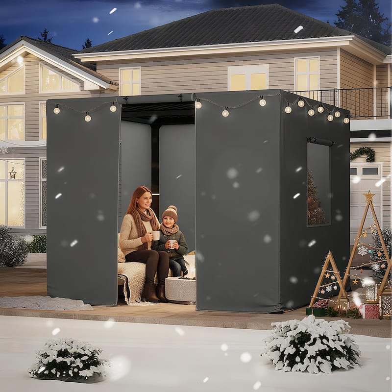EROMMY Waterproof Pergola Winter Cover with Sidewalls, Mesh Windows and Roll-Up Door, All-Season Weather Enclosure