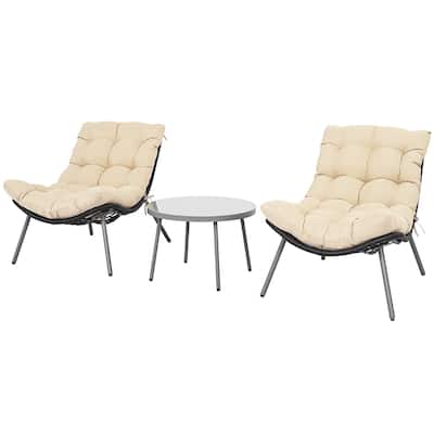 3 Piece Black Rattan Metal Papasan Chair Set with Beige Cushions and Table - Chair: 36" x 27" x 29.5"