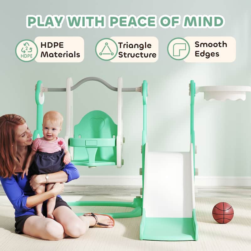 Outdoor Toddler Playset with Slide Swing Climber Platform and Basketball Hoop Activity - 58.1" L x 63" W x 42.1" H