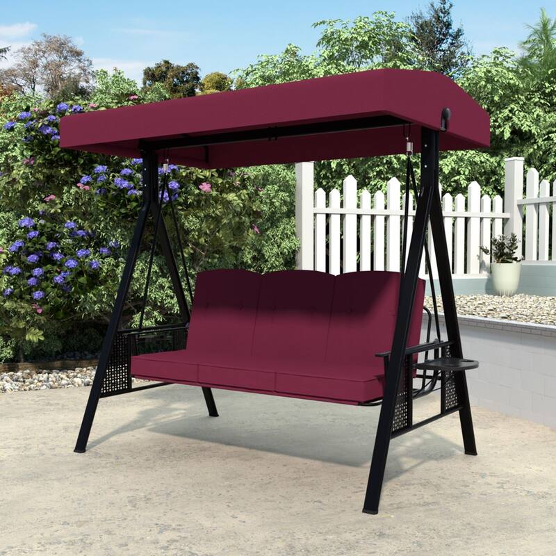 VEIKOUS 3-Seat 2-in-1 Convertible Patio Porch Swing with Adjustable Canopy Swing and Cushion - Wine Red