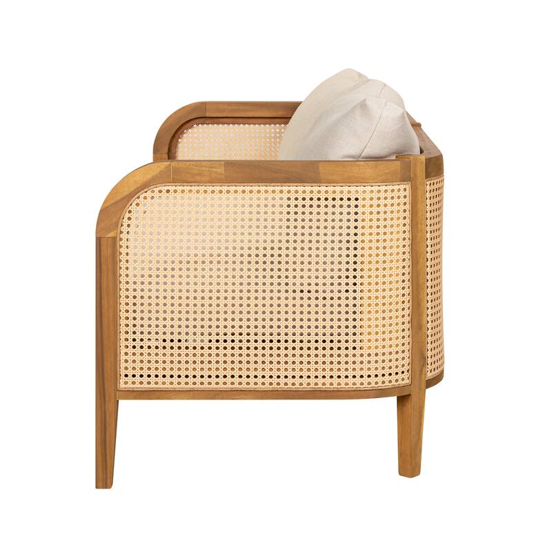 Roomfitters Kirkby Outdoor Acacia Wood Sofa with Wicker Back and Cushion, Boho Teak Finish