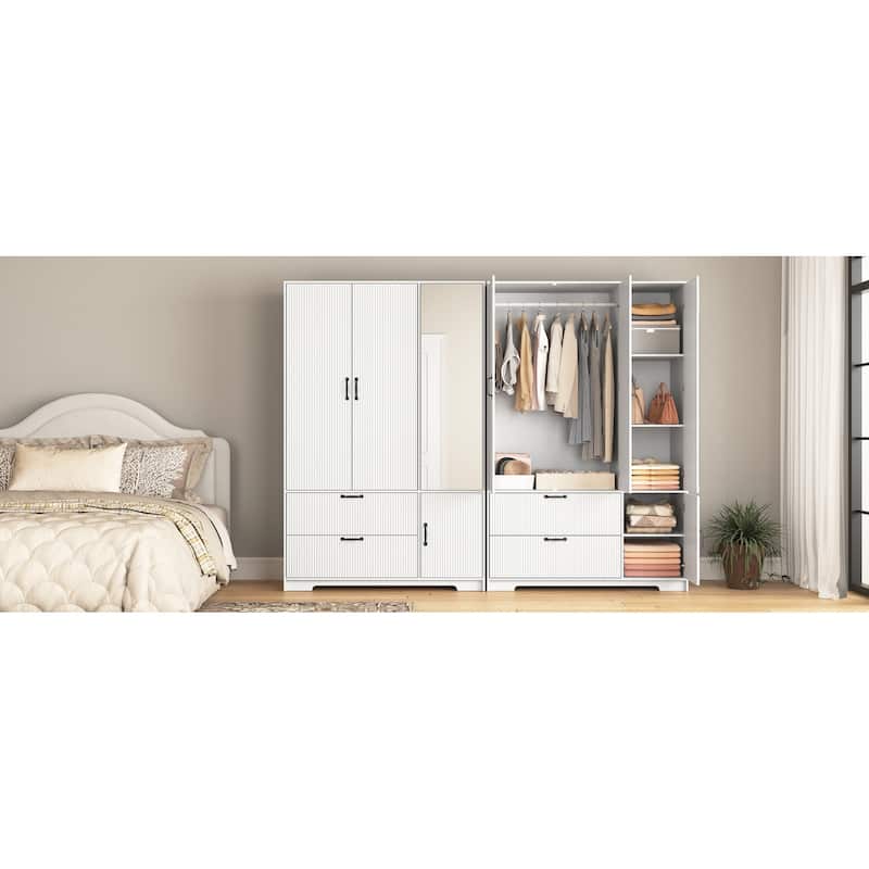 4 Doors Wardrobe Closet with Mirror, LED Wardrobe with Doors and 2 Drawers, Wooden Wardrobe Storage Cabinet with Hanging Rod