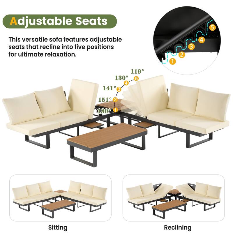 Outdoor Patio Conversation Sofa Set L-shape Sectional Sofa Set with Adjustable Reclining Seats, Coffee Table, Side Table