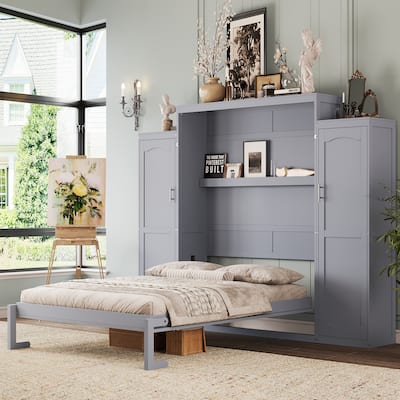 Multifunctional Queen Size Wooden Murphy Bed w/ 2 Wardrobe & Storage Shelf Foldable Wall Bedframe for Guest-Room, Bedroom